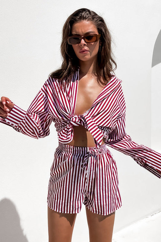 Spring Summer Office Pants Suit Shirt Striped Long Sleeve Split Two-piece Set