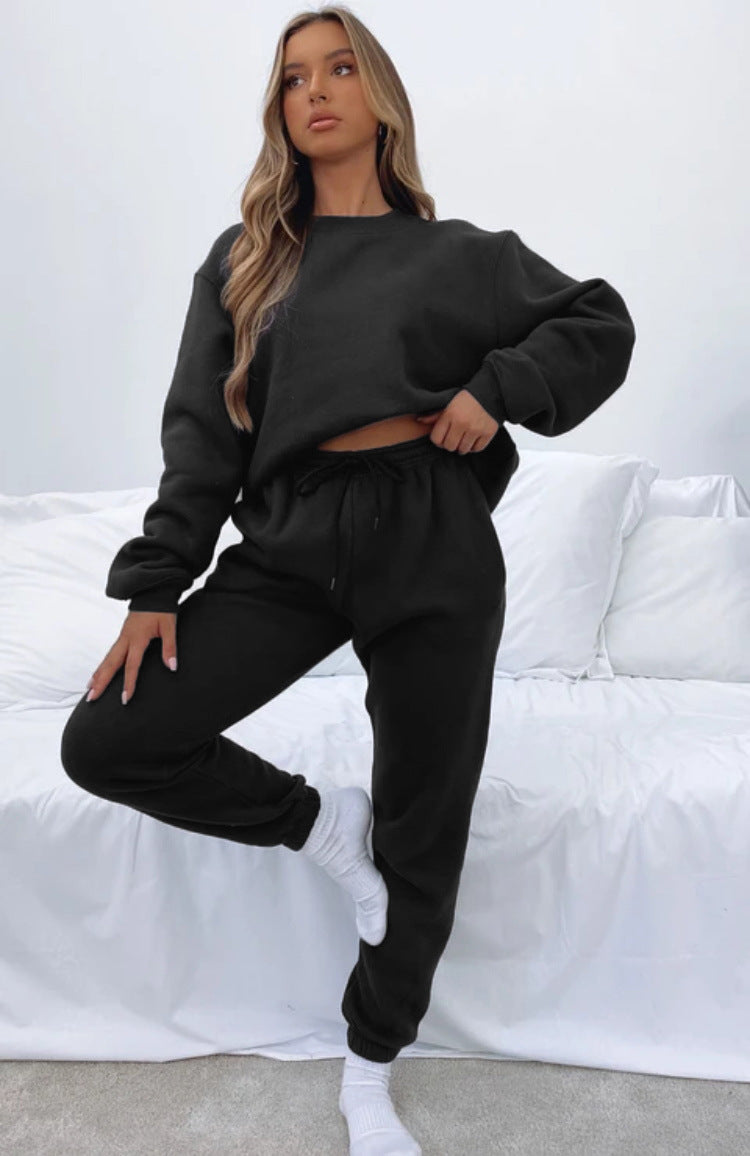 Autumn Winter Color Round Neck Pullover Long Sleeve Sweater Suit