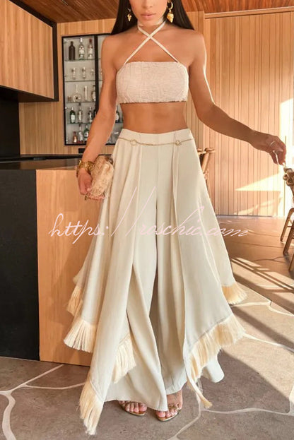 Lace-up Bandeau Top and Irregular Tassel Pants Set