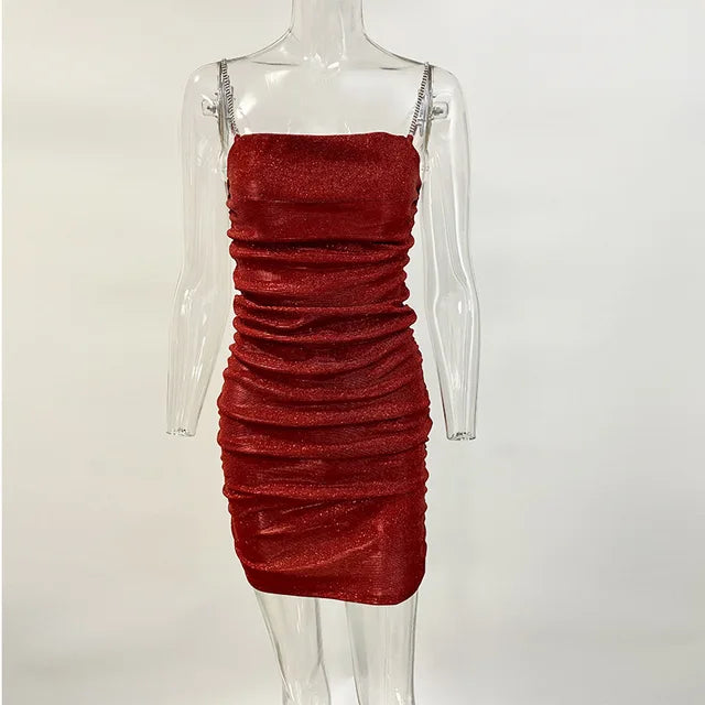 Sparkly Party Dress Rhinestone Straps Pleated Bodycon Mini Dresses Sleeveless Evening Vestidos