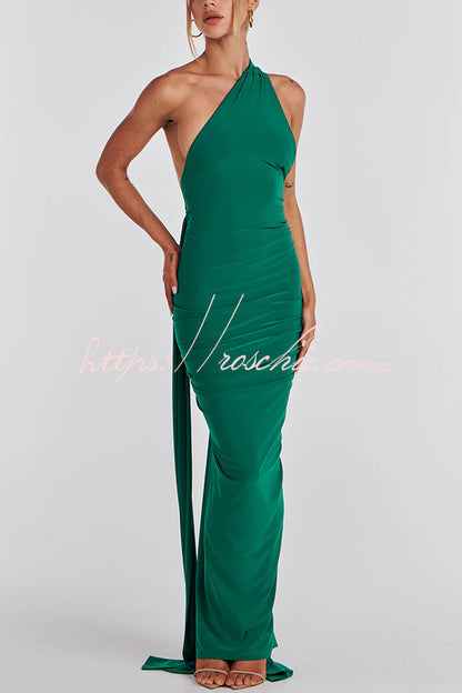 Backless Pleated Slim Color Sleeveless Maxi Dress