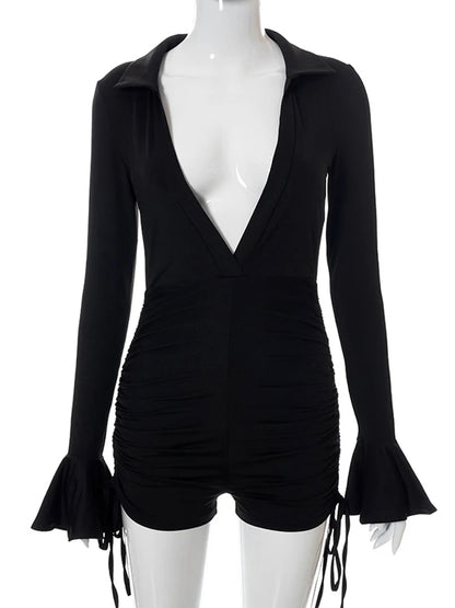 ’s Black Deep V-neck Jumpsuit Bodycon Rompers Long Sleeve Bodycon Slim Playsuit Overalls Skinny Female Outfits