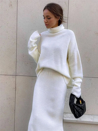 Ribbed Knit 2 Piece Dress Set Outfits Knitwear Top and Midi Skirt Sets for Winter Sweater Sets