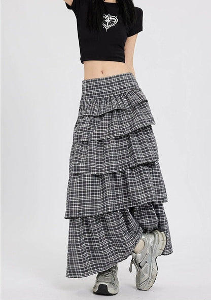Plaid Tiered Maxi Skirt