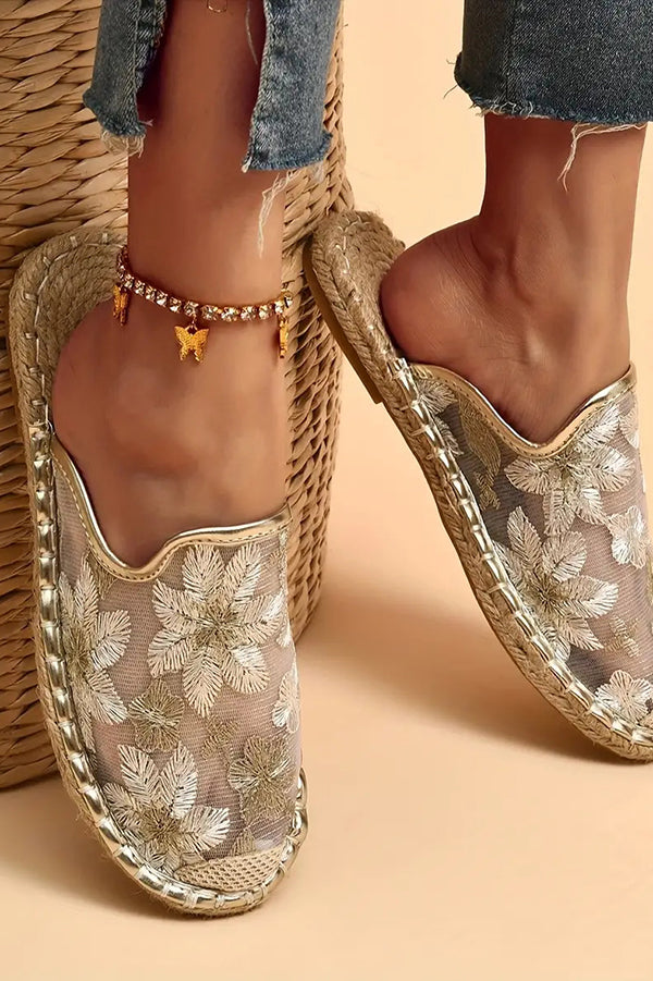 Linen Woven Flat Round Toe Half Slippers