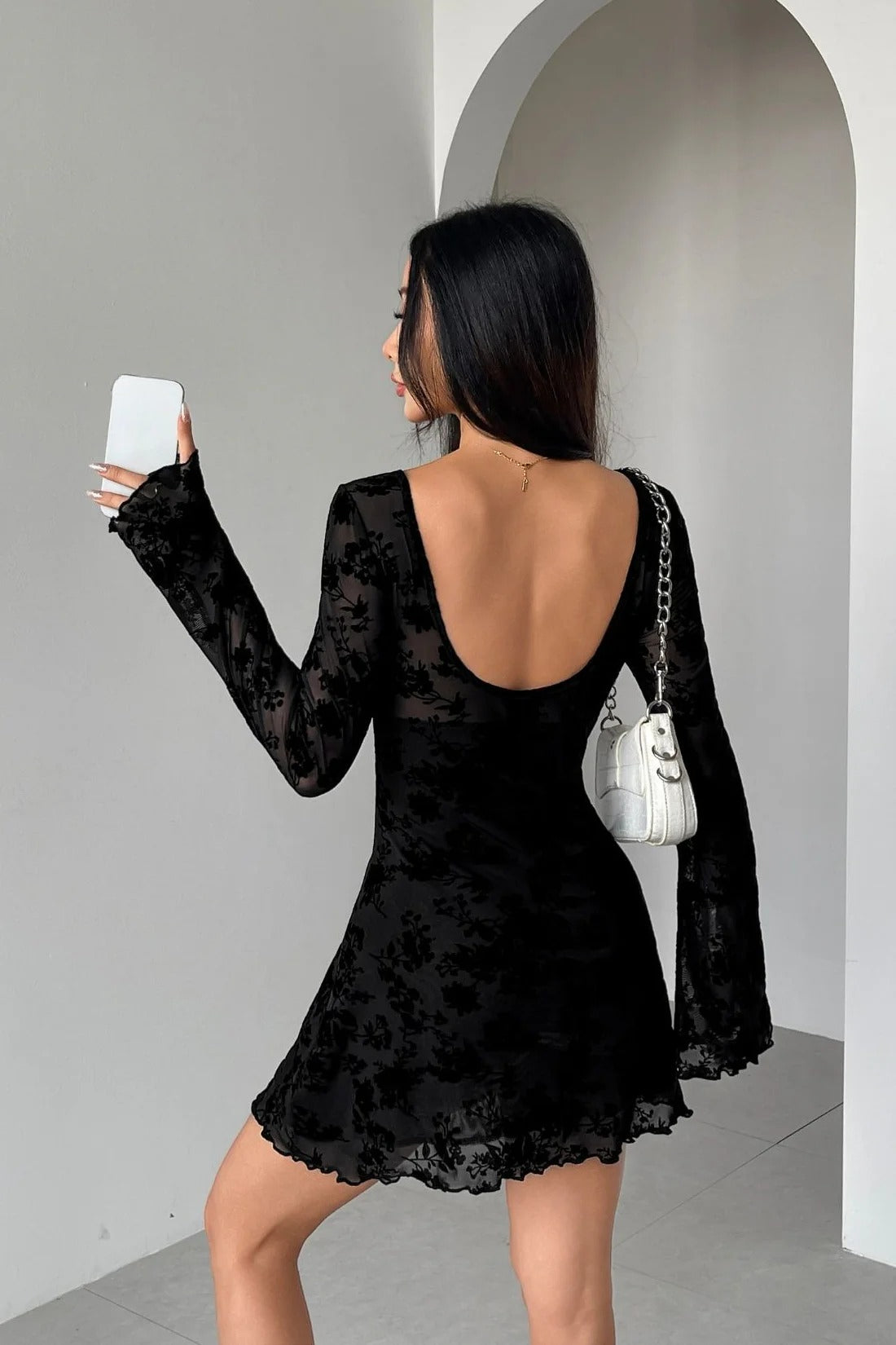 Flocked Cutout Bow Long Sleeve Mini Dress
