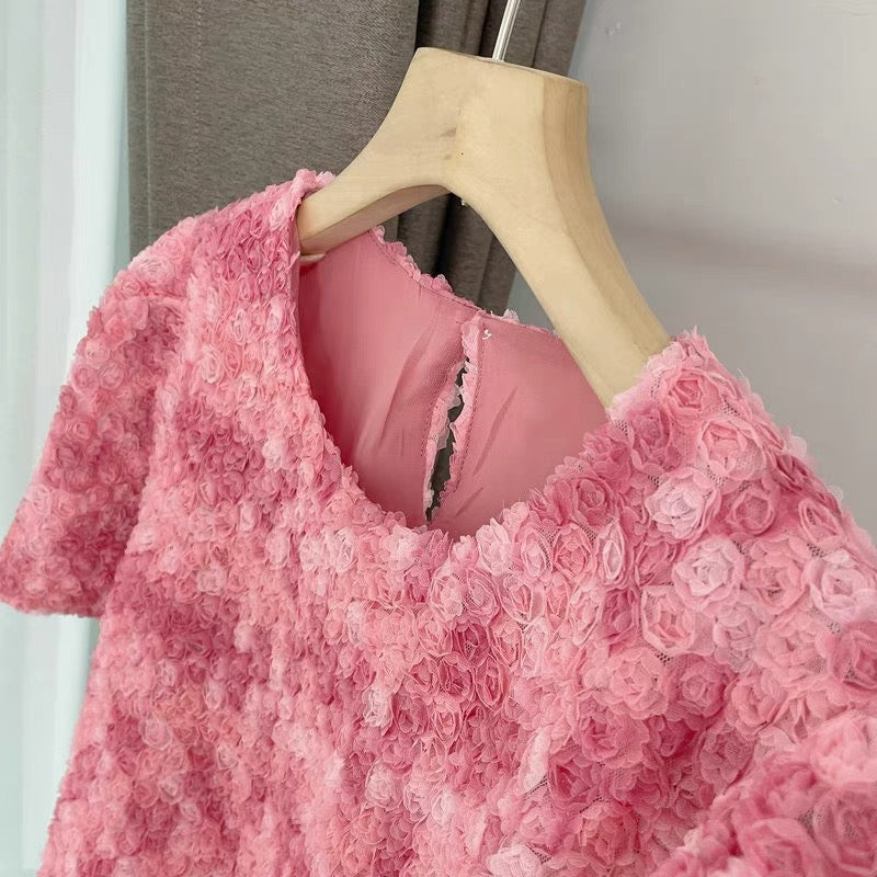Round Neck Gradient Pink Puff Sleeve Blouse