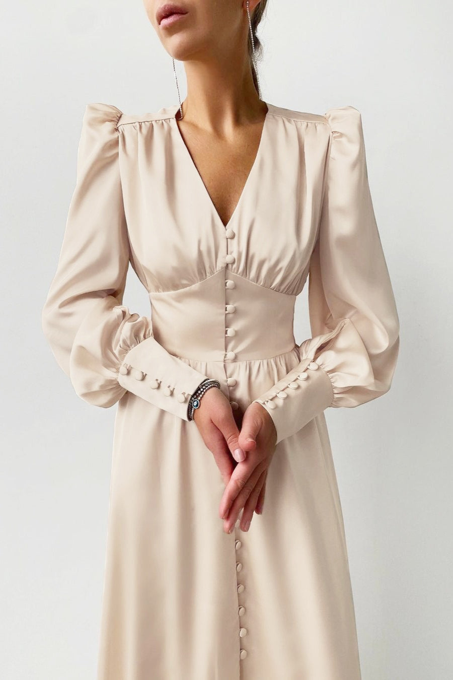 Satin Puff Sleeve Tailored Midi Dress