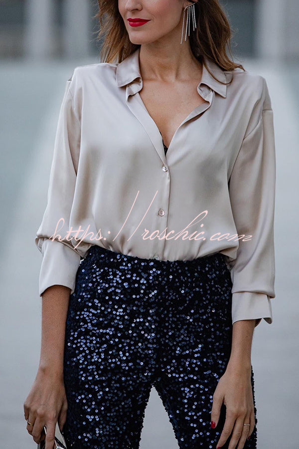 Living the Dream Satin Long Sleeve Button Relaxed Blouse