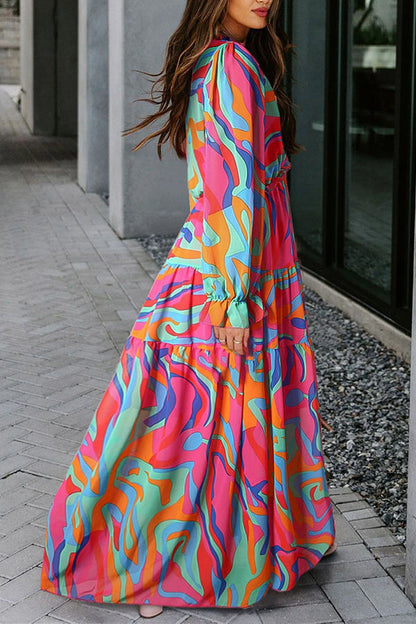 Multicolor Print Ruffle Trim Plunge Neckline Maxi Dress