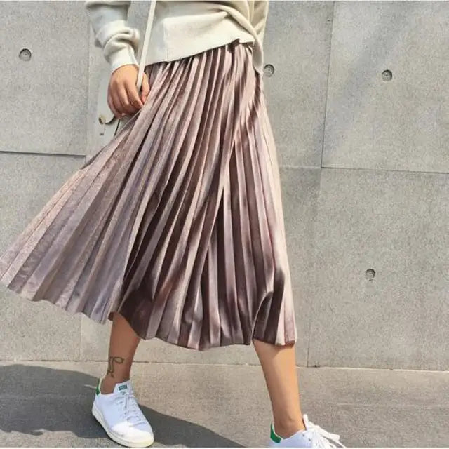 Spring Long Metallic Silver Maxi Pleated Skirt Midi Skirt High Waist Elascity Party Skirt