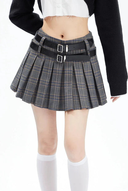 Plaid Double-belt Pleated Skirt