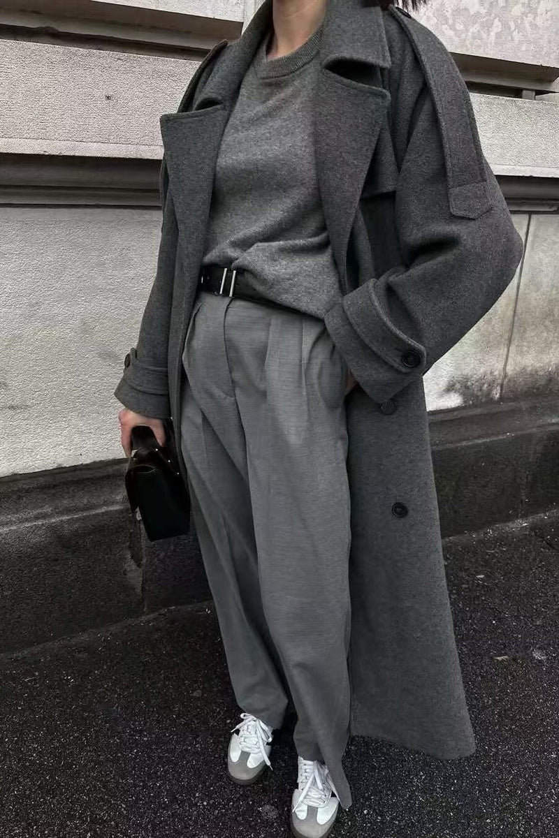 Double-breasted Belted Slim-fit Woolen Long Overcoat