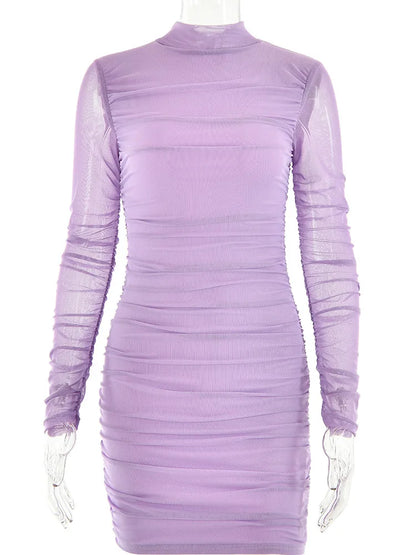 O- Neck Contrast Long Sleeve ’s Dress Party Street Stretchy Tight Ruffle Female Mini Dress Autumn New