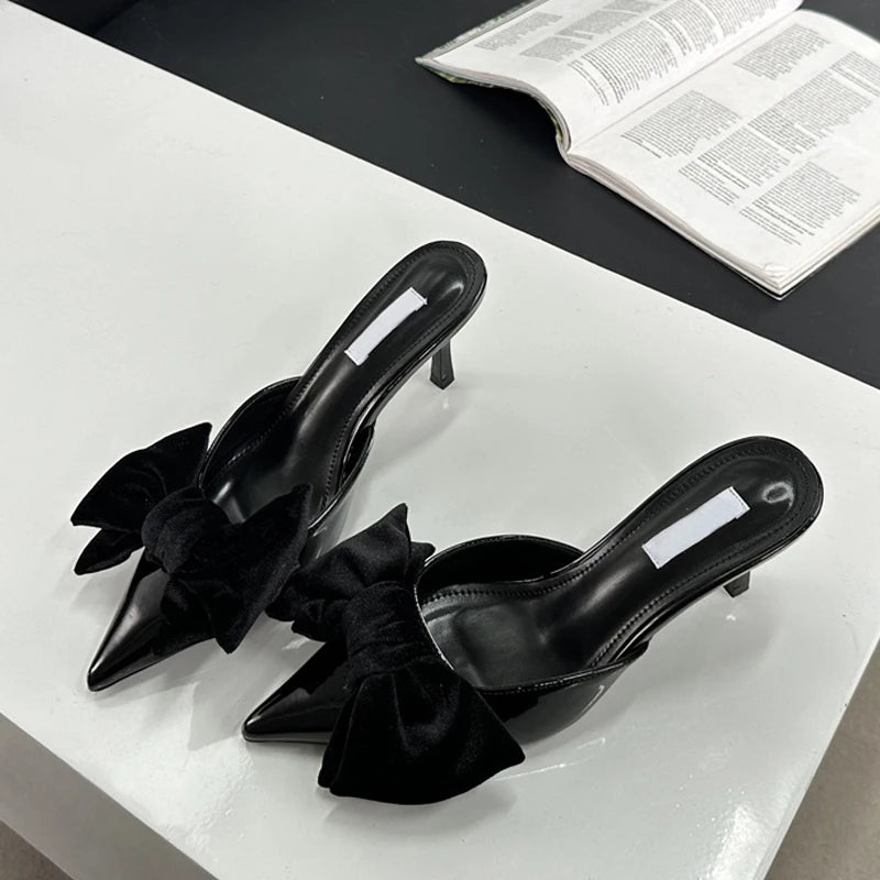 Liyke Designer Butterfly Knot Pumps Slippers – Pointed Toe Thin Heels Wedding Banquet Dress Mule Shoes