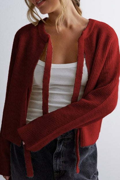 Color Loose Long Sleeve Lace-up Knitted Cardigan