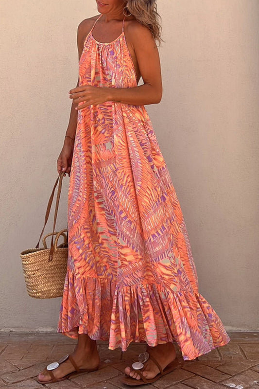 Sunita Print A-line Halter Tassel Vacation Maxi Dress