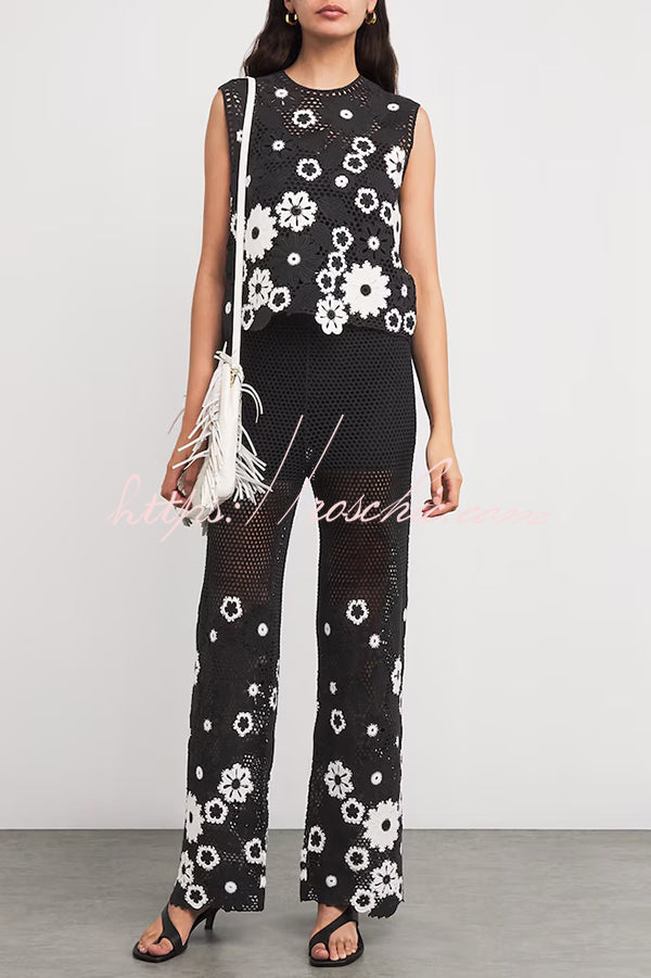 Embroidered Hollow Hook Elastic Waist Wide-leg Pants