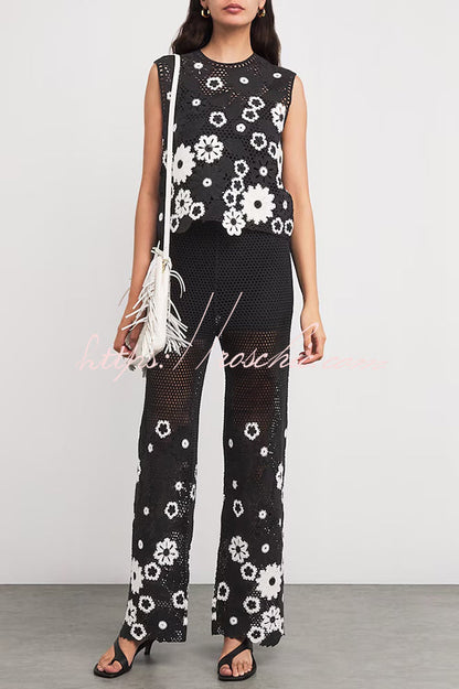 Embroidered Hollow Hook Elastic Waist Wide-leg Pants