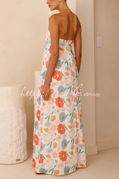 Unique Print Strapless Open Back Full Hem Maxi Dress
