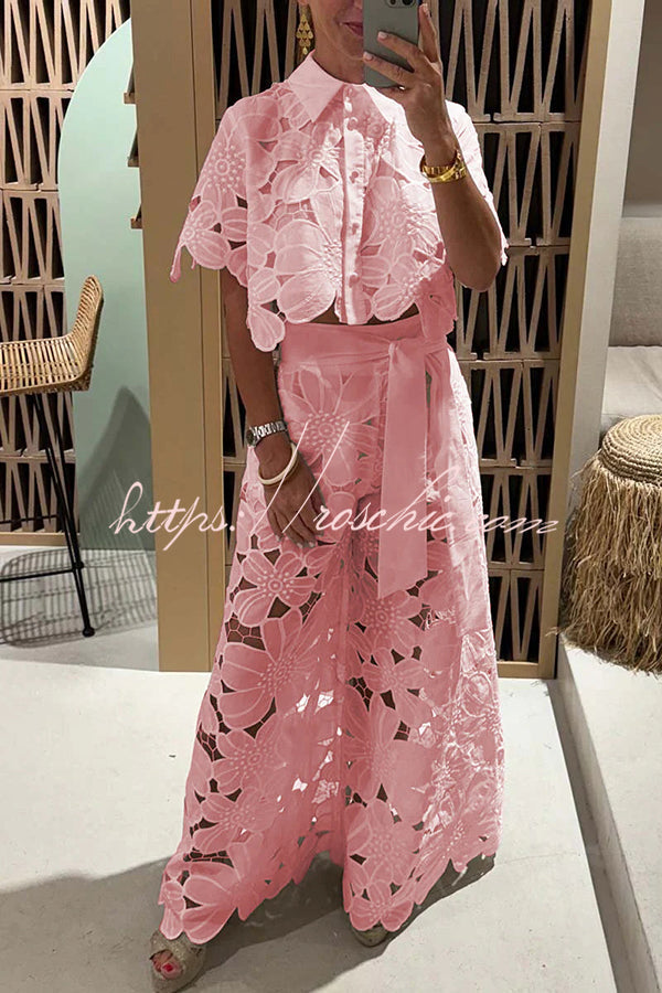Redefining Elegance Lace Cropped Shirt and Belt Pocketed Wide Leg Pants Set
