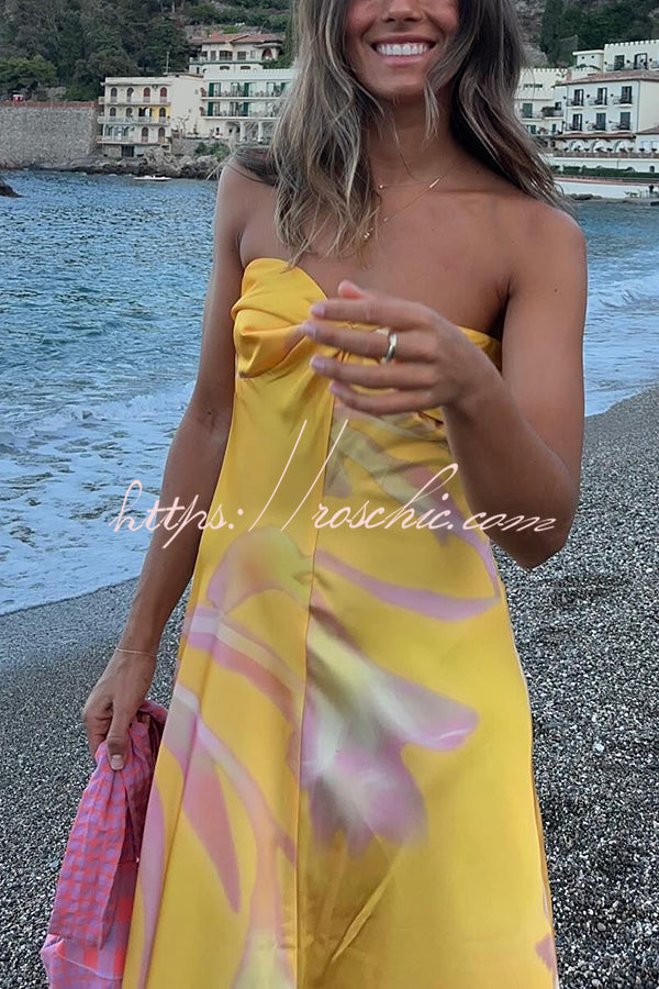 Catalina Island Satin Print Twist Bust Halter Maxi Dress