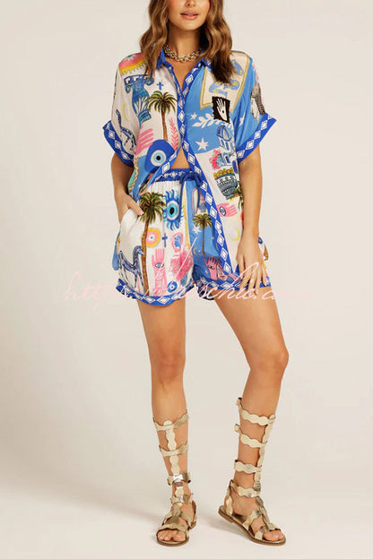 Unique Printed Short-sleeved Loose Shirt and Elastic Waist Drawstring Pocket Shorts Set