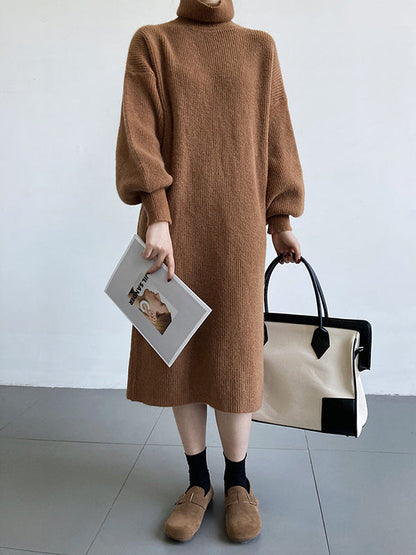 Urban Loose Purple High-neck Long Puff Sleeve Sweater Dress An1052