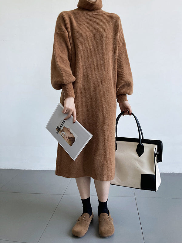 Urban Loose Purple High-neck Long Puff Sleeve Sweater Dress An1052
