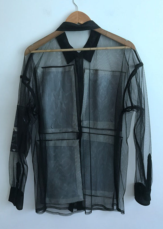 Black Print Button Tulle Blouse Summer Nn005
