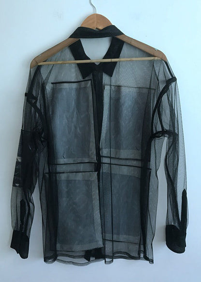 Black Print Button Tulle Blouse Summer Nn005