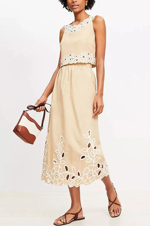 Vacation Season Eyelet Poplin Tank and High Rise Elastic Waist Midi Skirt
