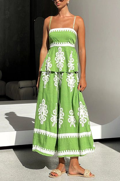 Unique Print Suspender Pleated Top and Elastic Waist Loose Wide-leg Pants Set