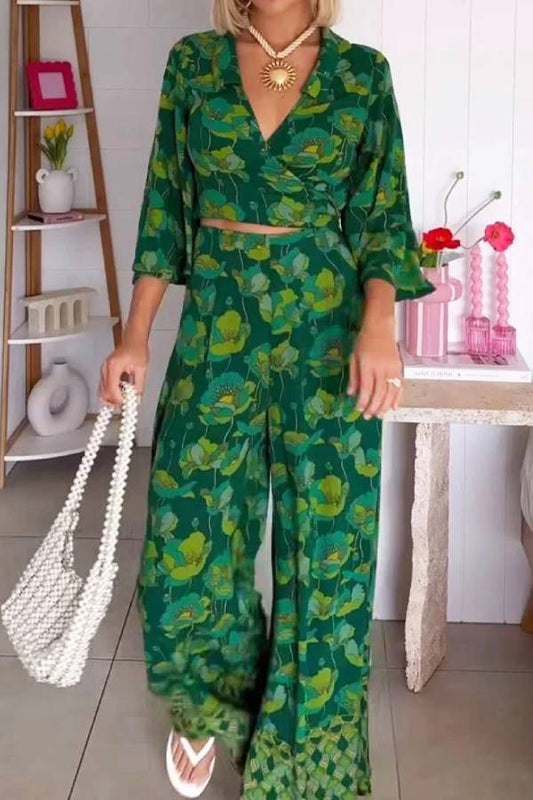 V-neck Lace-up Top \u0026 Pants Two-piece Set