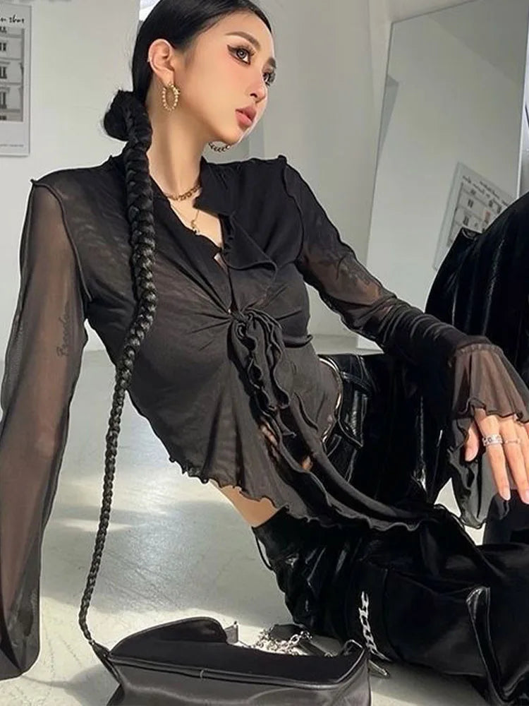 Long Flare Sleeve Blouses for Lace-up Mesh Sweet Hot Korean Style All-match Design