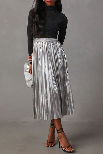 Yuletide Glow Metallic Fabric Pleated Elastic Waist Midi Skirt