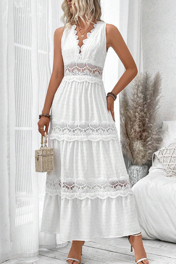 Color Hollow Lace Splicing V-neck Sleeveless Maxi Dress