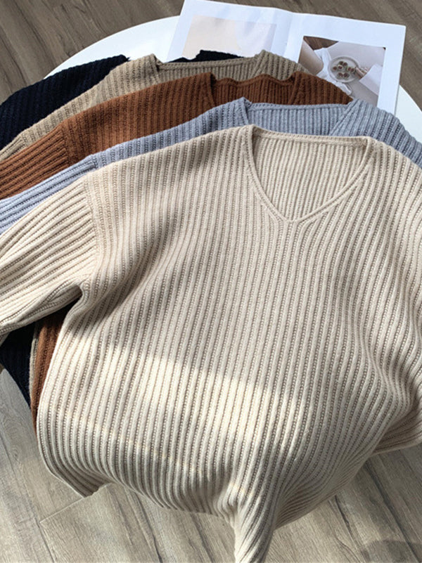 Caramel V-neck Long Sleeves Striped Knit Sweater Qx001