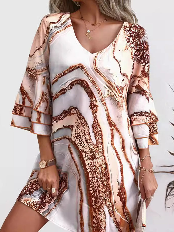 A-line Flared Sleeves Layered Printed Split-joint V-neck Mini Dresses