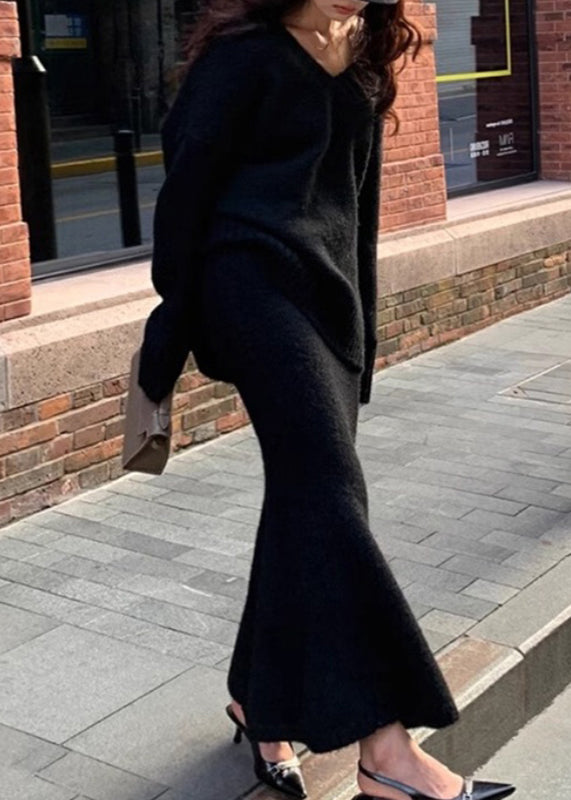 Brown Cozy Cotton Knit Sweaters and Maxi Skirts Two Pieces Set Winter Wv029