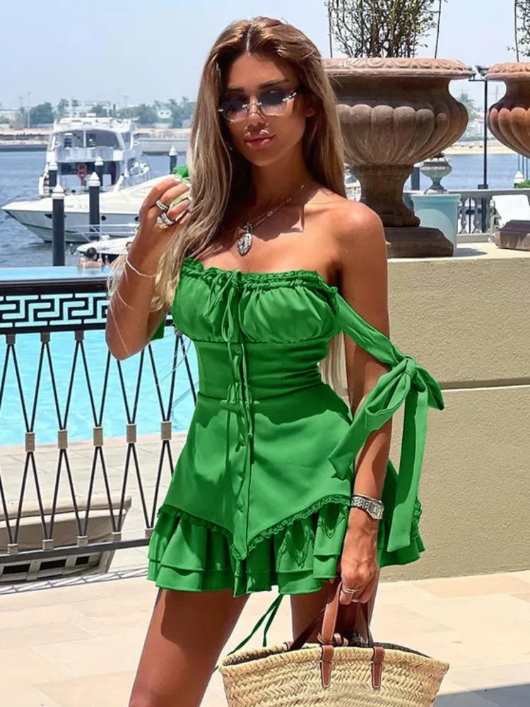 Sleeveless Ruffled Mini Dress for Robe Spaghetti Strap Backless Lace-up Bodycon Dress Clubwear