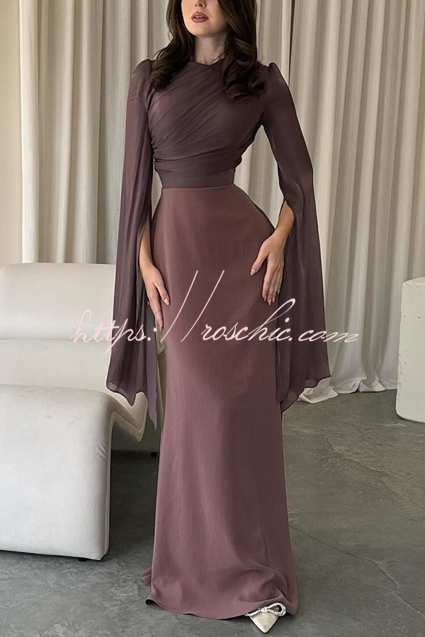 Liora Ruched Organza and Satin Patchwork Design Long Bell Slit Sleeve Maxi Dress