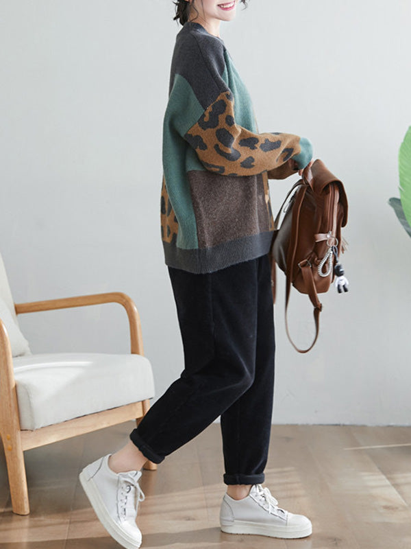 Original Brown Round-neck Contrasting Color Blocks Leopard Long Sleeve Sweater An1048