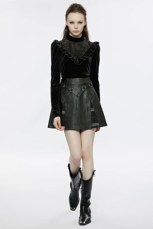 Plaid Splicing Rivet Metal Buckle Belt Daily A-line Personality Faux Leather Mini Skirt
