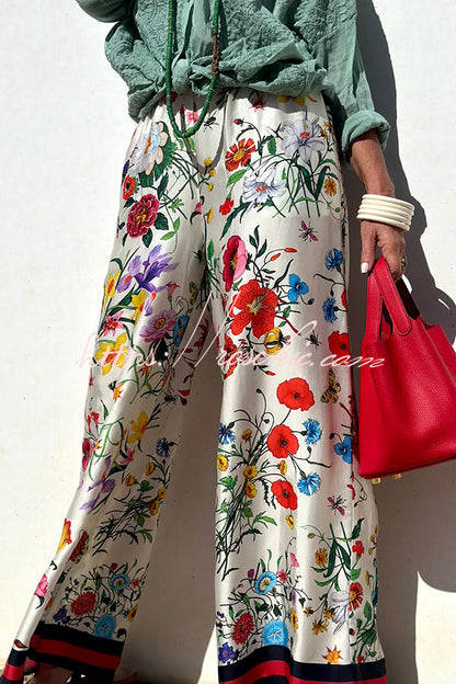 Fabulous Fiesta Satin Unique Print Elastic Waist Pocketed Wide Leg Pants
