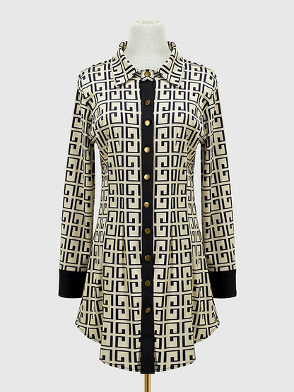 Long Sleeves Buttoned Contrast Color Printed Lapel Mini Dresses