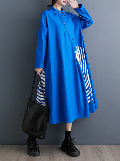 A-line Long Sleeves Asymmetric Buttoned Pleated Printed Split-joint Lapel Midi Dresses Shirt Dress