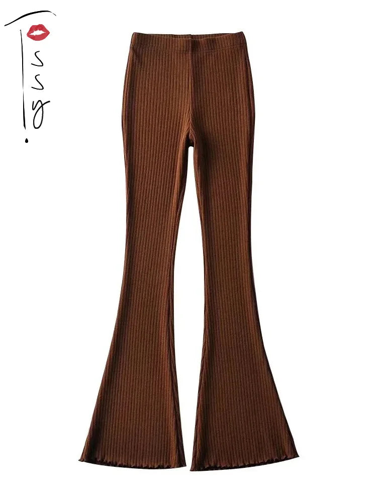 Knitted High Waist Flare Pants for Ribbed Leggings Female Stretchy Bodycon Trousers
