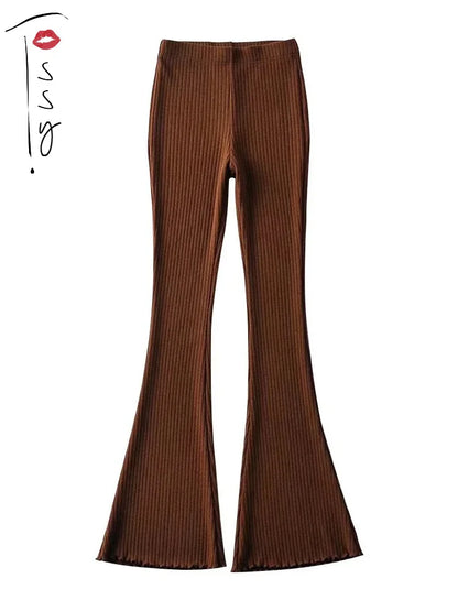 Knitted High Waist Flare Pants for Ribbed Leggings Female Stretchy Bodycon Trousers