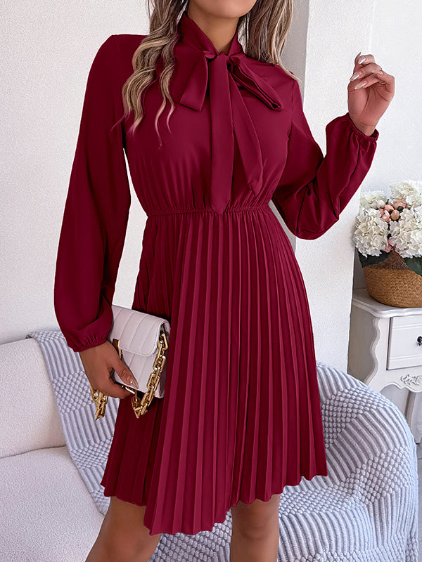 Long Sleeves Loose Pleated Color Tied Mock Neck Mini Dresses